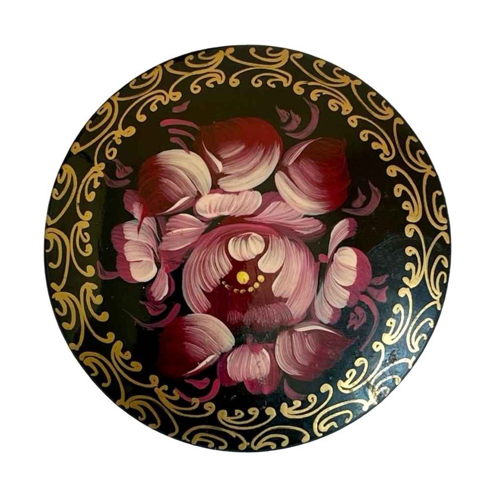 Vintage Signed Russian Floral Hand-Painted Wood Brooch - Picture 3 of 5